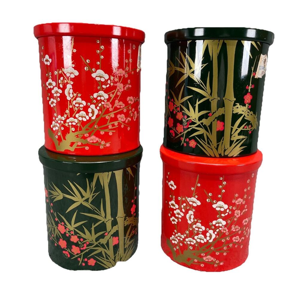 VTG Made in Japan Tea Metal Tin Canisters Lot of 4 Green Red Bamboo Blossoms